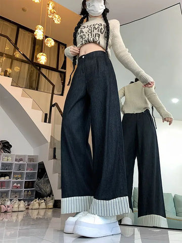 Sonicelife Oversize Patchwork Striped Jeans for Women Spring Autumn New Straight Ankle-Length Pants Y2k High Waist Loose Wide Leg