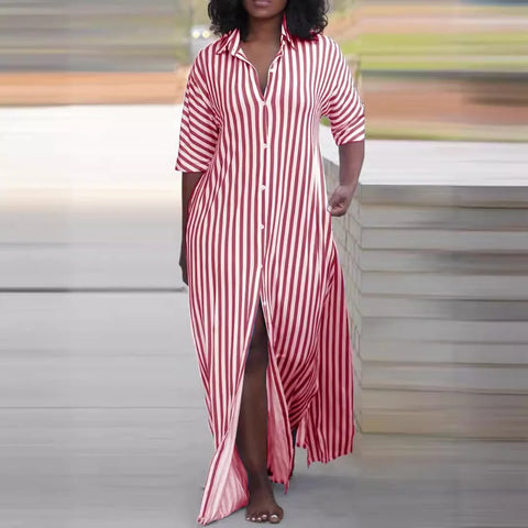 Sonicelife Striped Blouses Dresses Single Breasted Turn Down Collar Women Ankle Length Dress Button High Street Loose Fit Summer 2024