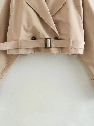 Sonicelife Fashion Belt Cropped Trench Spring Jacket Women Vintage Streetwear Double Breasted Long Sleeve Top Female Coat Outfits