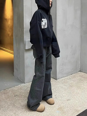 Sonicelife American Style Street Gray Cargo Pants Y2k Grunge High Waist Straight Flare  2024 Spring New Loose Wide Leg