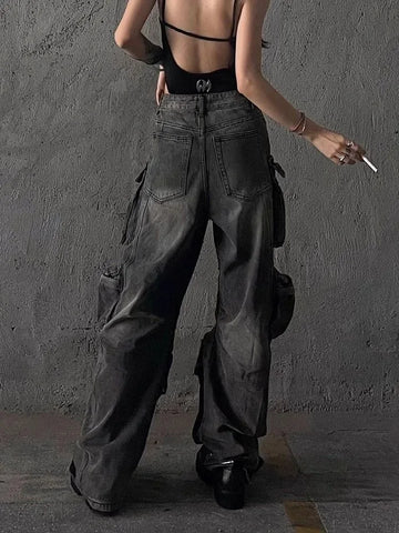 Sonicelife Women Baggy Y2K Goth Cyber Punk Denim Pants Cargo  Mom Jeans Grunge Dark Academia Harajuku Fashion Stacked  Hip-pop