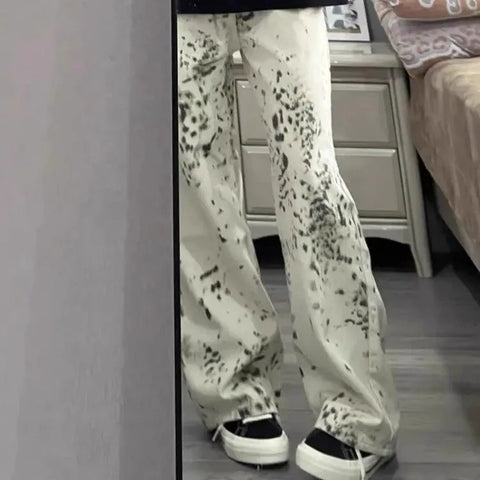 Sonicelife American Retro White Leopard Print Denim Pants Y2k E-Girl High Waist Straight Trousers 2024 Summer New Loose Wide Leg Jeans