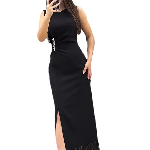 Sonicelife Dress Women Sexy Tassel Long Dress Sleeveless Slim Fit Wrap Hip Round Neck Elegant Splice Sheath Vestidos Solid Summer