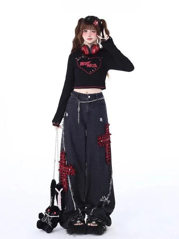 Sonicelife Rock Punk Hole Straight Wide Leg Jeans for Women Y2k High Waist Loose   Pants 2024 New Embroidery  Trousers