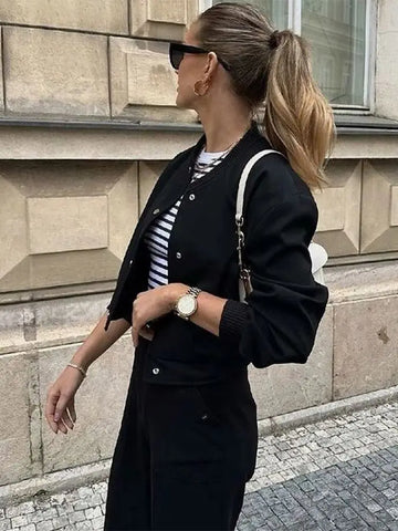 Sonicelife Vintage Solid Long Sleeve Slim Short Jackets For Women Fashion O-neck Single Breasted Coats 2024 Autumn High Street Outerwears