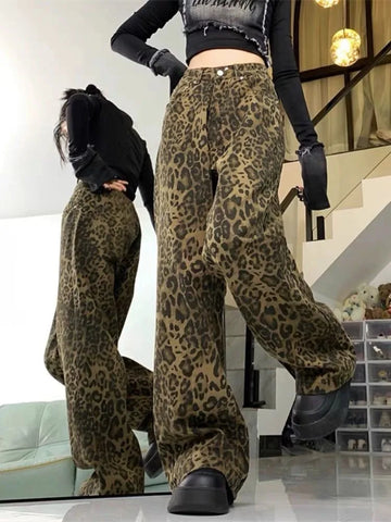 Sonicelife Baggy Leopard Print Y2k Jeans Women 2024 New High Waisted Casual Wide Leg Denim Pants Fashion Streetwear Retro Straight