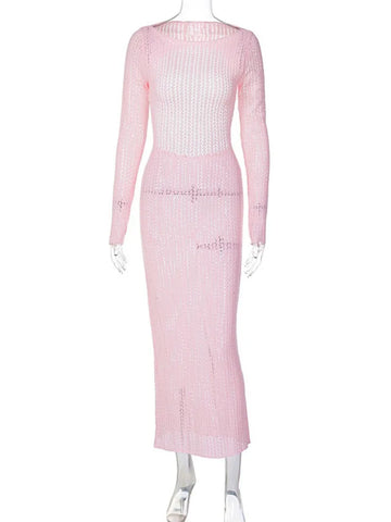 Sonicelife-Elegant Woman Pink Hollow Out Backless Sweater Dress High Street Ladies Sexy High Waist Bodycon Knitted Long Dresses Streetwear