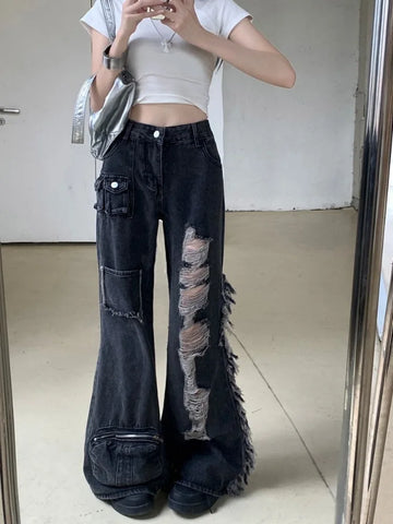 Sonicelife American Street Heavy Washed Jeans for Women 2024 Summer New Hole Hollow Out Straight Trousers Y2k E-Girl Loose Wide Leg Pants