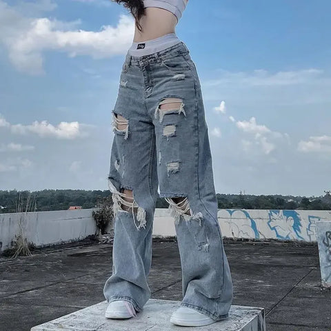 Sonicelife Streetwear Straight Pants Ladies Ripped Jeans Mid Waist Loose Wide Leg Pants Ladies Jeans Y2K Summer High Street  Cargo Pants