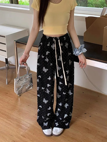 Sonicelife Vintage Butterfly Print Black Wide Leg Pants Y2k Grunge High Waist Straight Trousers 2024 Summer New Loose  for Women