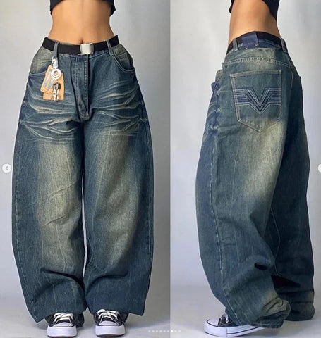 Sonicelife Streetwear New Harajuku Retro Straight High Waist Casual Jeans Y2K Fashion Washed Blue Pocket Baggy Jeans Gothic Wide Pants