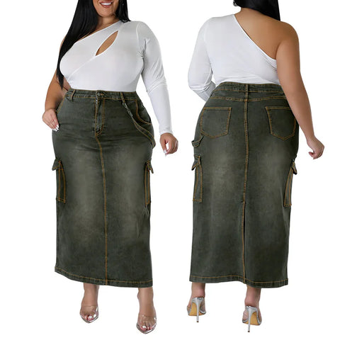 Sonicelife Denim Skirts Solid Zipper Fly Pencil Dress Washed Distressed Sexy Wrap Buttocks Ankle Length Skirt Spliced Basics Slim Fit