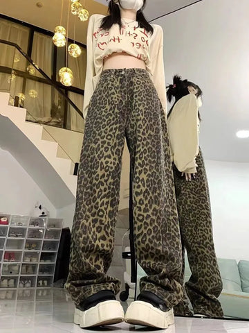 Sonicelife Vintage Street Leopard Print Straight Jeans for Women Y2k High Waist All-match Denim Pants 2024 New Loose Wide Leg Pants