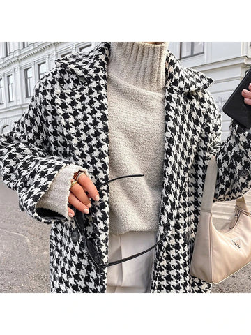 Sonicelife Aynaray 2024 Autumn Winter Women Houndstooth Plaid Woolen Coat Loose Lapel Long Sleeve Classic Warm Overcoat