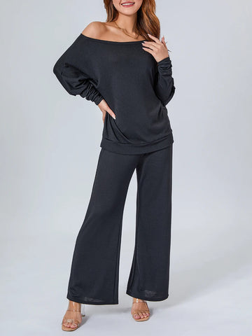 Sonicelife Casual Two-Piece Tops Pants Sets for Women Fall Street Office Outfits Off-Shoulder Long Sleeve Pullovers+Wide Leg Pants