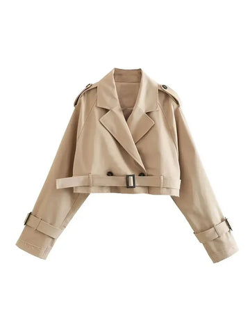 Sonicelife Fashion Belt Cropped Trench Spring Jacket Women Vintage Streetwear Double Breasted Long Sleeve Top Female Coat Outfits