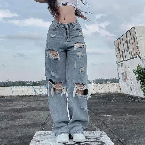 Sonicelife Streetwear Straight Pants Ladies Ripped Jeans Mid Waist Loose Wide Leg Pants Ladies Jeans Y2K Summer High Street  Cargo Pants