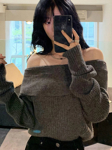 Sonicelife Chic Off Shoulder Knitting Sweater Women Elegant Slim Pullover for Female 2024 Spring Autumn Casual Warm Knitwear Jumper Tops
