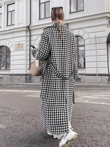 Sonicelife Aynaray 2024 Autumn Winter Women Houndstooth Plaid Woolen Coat Loose Lapel Long Sleeve Classic Warm Overcoat