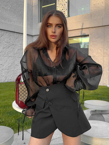 Sonicelife Aynaray Spring Summer 2024 Women Elegant Long Sleeve Solid Black Mesh Shirt Ladies Sheer Chiffon Blouse For Woman Female