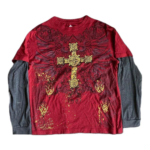 Sonicelife 2000s Retro Grunge Indie Mall Goth Tees Vintage Graphic Patchwork Long Sleeve T-shirt Y2K Aesthetic Emo Women Men Tops Clothes