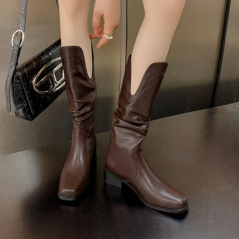 Sonicelife Autumn Women Boots Split Leather Shoes Women Round Toe Chunky Heel Boots Women Elegant Mid-calf Boots Leather Boots botas mujer