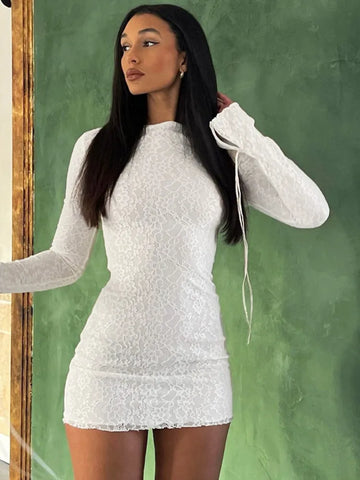 Sonicelife Lace Lace-up Long Sleeve Sexy Mini Dress For Women Robe Fashion Fall O Neck Elegant Dress Ladies Silm Fit Dress White