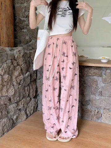 Sonicelife Vintage Butterfly Print Black Wide Leg Pants Y2k Grunge High Waist Straight Trousers 2024 Summer New Loose  for Women