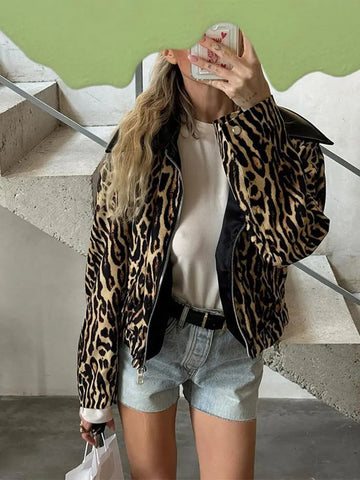 Back To School Sonicelife Vintage Leopard Print Lapel Women's Jacket Fashion Zipper Long Sleeved Casual Outerwear 2024 Ladies High Street Warm Coats