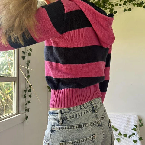 Sonicelife 90s Vintage Y2K Aesthetic Striped Cropped Sweater Autumn Zip Up Knitted Cardigans Hooded Women Long Sleeve Slim Fit Coats