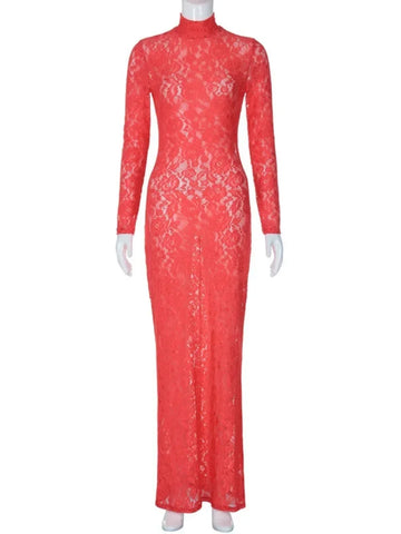 Sonicelife-Elegant Sexy See-through Red Lace Evening Dresses for Women 2024 Spring High Waist Hollow Out Bodycon Wedding Party Prom Dress
