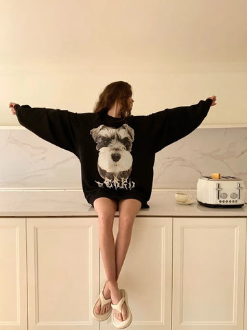 Black Friday Sonicelife Funny Dog Graphic Oversized Hoodies Print 0-neck Long Sleeve Black Sweatshirts for Women American Retro Kpop Clothing