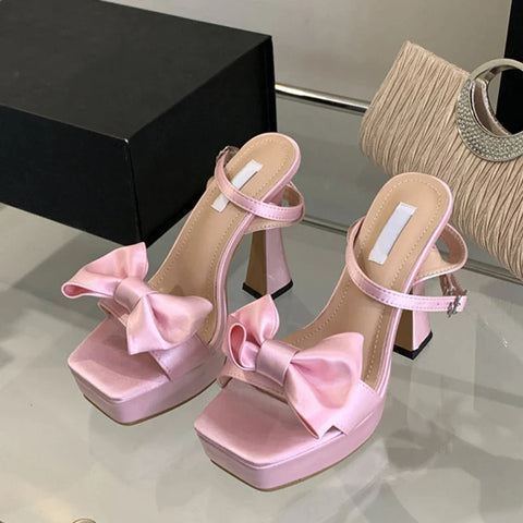 Sonicelife-2024 New Brand Super High Heels Sexy Sandals Fashion Pink Silk Bowknot Square Open Toe Chunky Platform Shoes Women Pumps