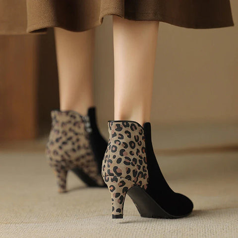 Sonicelife NEW Autumn Women Boots Pointed Toe High Heel Boots Sheep Suede Leather Shoes for Women Trends Leopard Ankle Boots сапоги женские