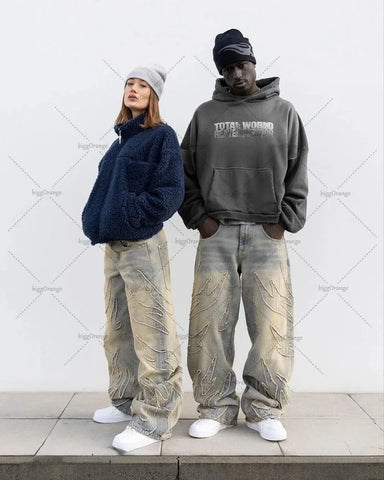 Sonicelife New Street Hip-hop Raw Edge Washed High-waisted Jeans Y2k Men Harajuku Retro High Street Oversized Straight Wide-leg Pants Women