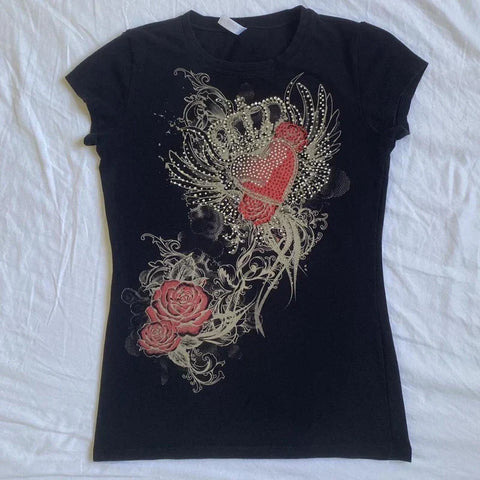 Sonicelife 2000s Retro Y2K Cybery Grunge Emo Baby Tees Rhinestone Graphic Print T-shirt Japanese Harajuku Mall Goth Short Sleeve Crop Tops