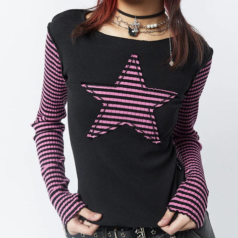 Sonicelife Gothic Mall Goth Tees y2k Star Patched Striped Long Sleeve T-shirt Harajuku Grunge O Neck Slim Fit Crop Tops Streetwear
