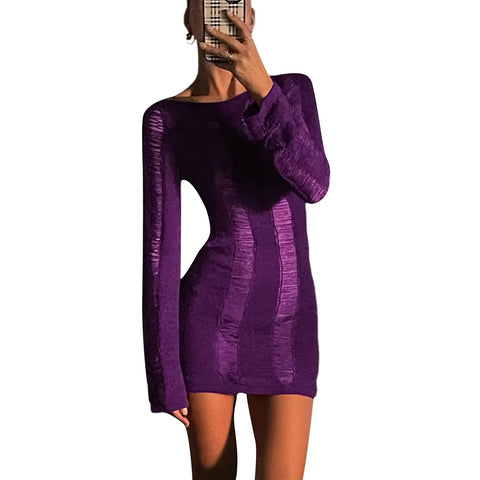 Sonicelife hoco dresses-Women Cutout Y2K Vintage Ripped Long Sleeve Round Neck Solid Color Hollow Out Casual Party Short Wrapped Dress