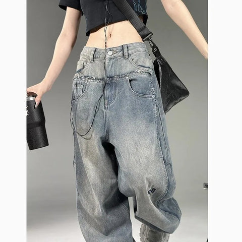 Sonicelife Sonicelife American New Fashion Letter Embroidered Baggy Jeans Women Y2K High Street Harajuku Vintage Gothic Straight Versatile Mop Pants