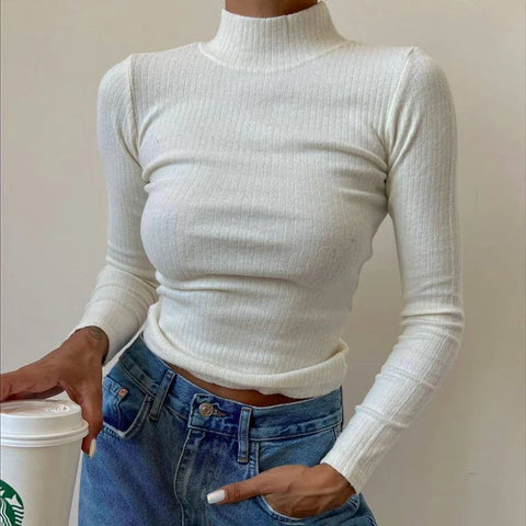 Sonicelife Elegant Lady Long Sleeve Skinny Knitted Crop Tops Women Autumn Spring Casual T-Shirt Korean Fashion Basic Black White Tees