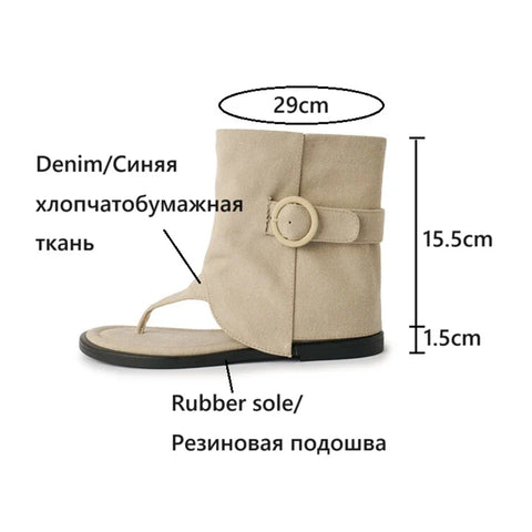 Sonicelife NEW Summer Boots Open Toe Low Heel Women Sandals Cotton Fabric Shoes for Women Pinch Toe Cool Boots Casual Belt Buckle Shoes