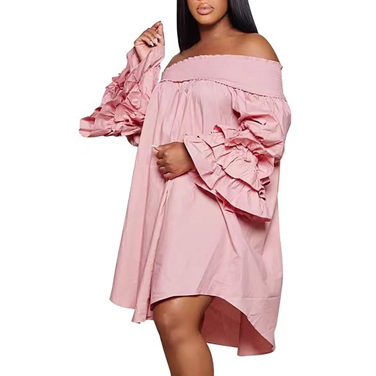 Sonicelife Women Sexy Dress Loose Fit Three Layer Off Shoulder Ruffled Long Sleeved Fashionable Casual Dresses For 2025 Fall Plus Size