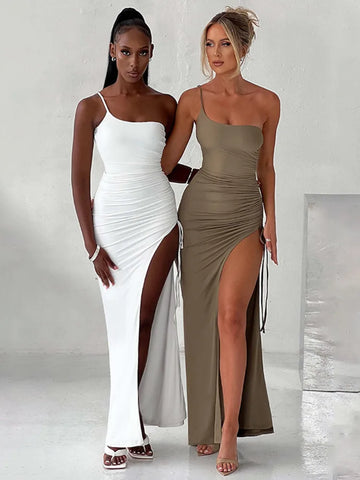 Sonicelife One Shoulder Strap Thigh High Split Maxi Dress For Women Robe Sleeveless Backless Bodycon Sexy Club Party Long Dress