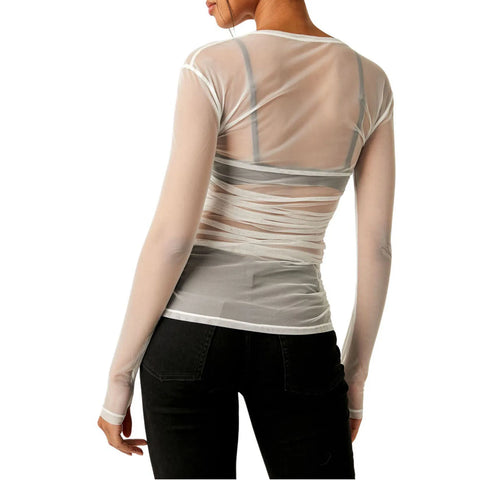 Sonicelife Sexy Women Summer T Shirts See Through Transparent Mesh Tops Long Sleeve Slim Fit Ladies O-neck Clubwear Tees Clothes