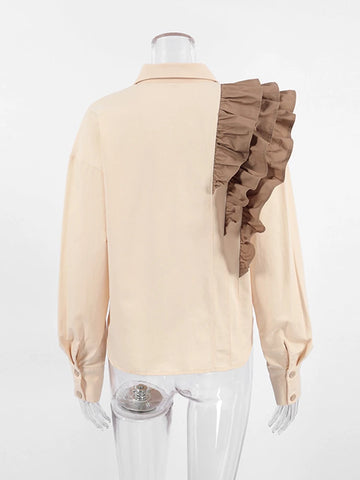 Sonicelife Aynaray 2024 Autumn Winter Women Elegant Ruffles Shirt Solid Khaki Casual Long Sleeve Blouse Female