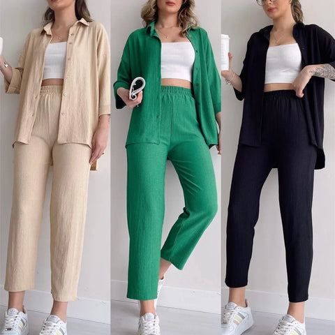 Sonicelife Pant Sets Women Green Two Pieces Set Long Sleeve Lapel Button Shirt Loose Wide Leg Trouser Outfits Work Sporty Suits Y2k