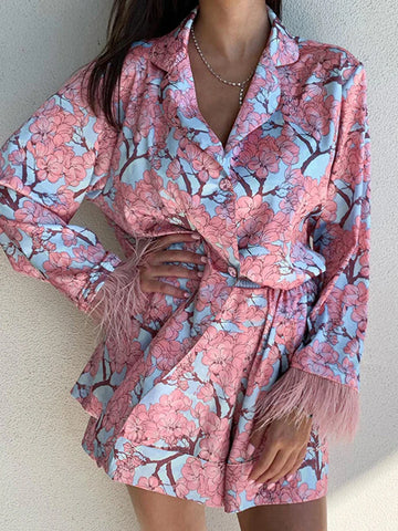 Sonicelife 2024 Women Homewear Sleepwear Pajamas Sets Floral Printed Spliced Feathers Long Sleeve Sleep Tops Shorts Sets