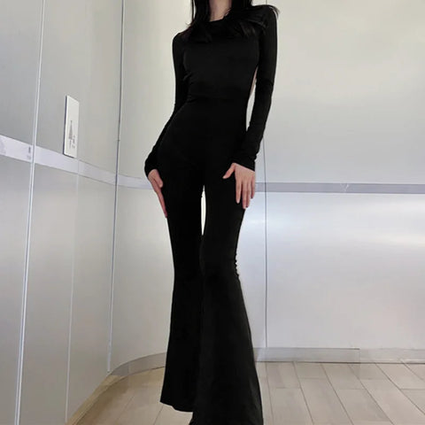 Sonicelife 90s Vintage Rompers Overall Female Sexy Backless Skinny Jumpsuits Chic Women Long Sleeve Flare Pants Y2K Aesthetic Streetwear