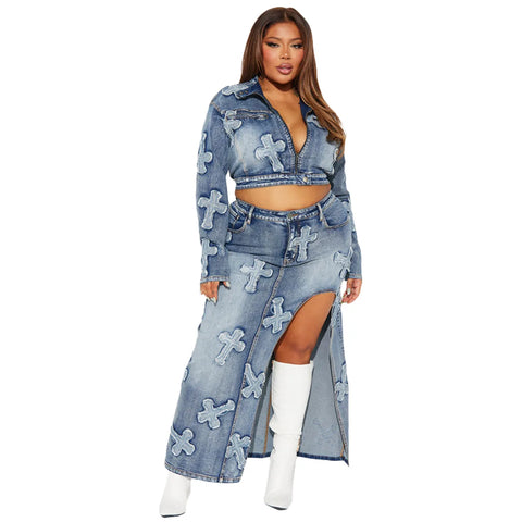 Sonicelife Vintage Washed Sexy Denim Wrap Buttocks Skirts Women Dress Sets Ankle Length Dress Slim Embroidery Spliced Coats Pockets
