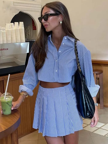 Black Friday Sonicelife Fashion Blue Striped Print Suit For Women Elegant Long Sleeve Button Crop Tops And High Waist Pleated Skirts 2 Pieces Set